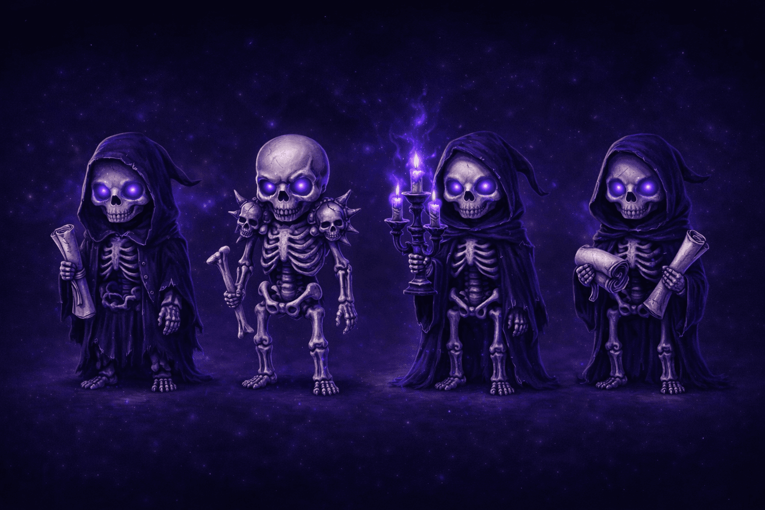 The Bone Squad — four skeletal figures — art by Aaron Pressey